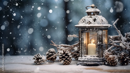 a lantern with a candle and pine cones in the snow