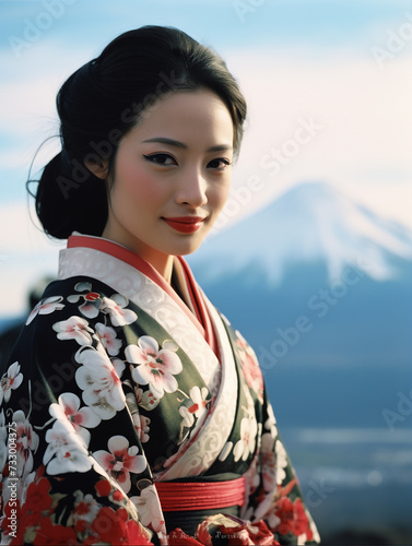 Japanese lady in a national costume Background Japan Fuji Mountain