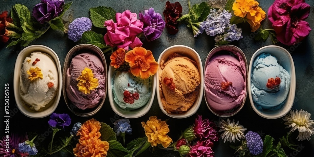 AI generated illustration of colorful ice cream bowls on a bed of fresh flowers