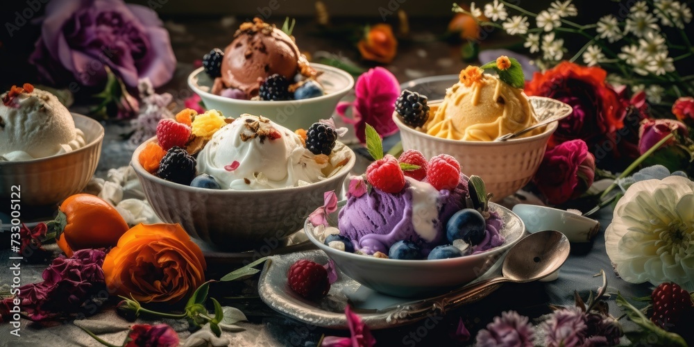 AI generated illustration of a selection of colorful ice cream bowls and flowers arranged around