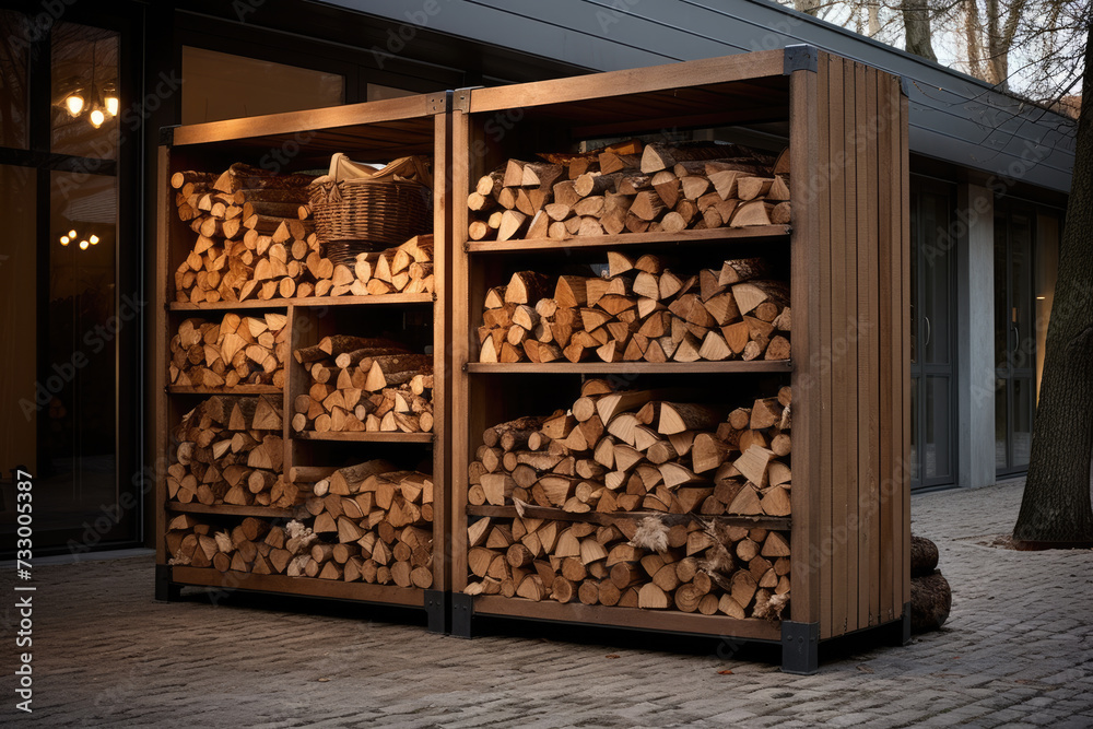 firewood storage with chopped firewood, reserve for the heating season firewood storage with chopped firewood, reserve for the heating season
