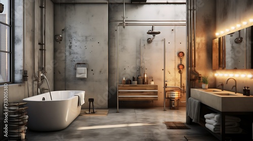 An industrial-chic bathroom featuring concrete walls and contemporary fixtures