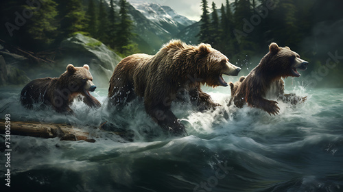 Grizzly bears fishing in a river.