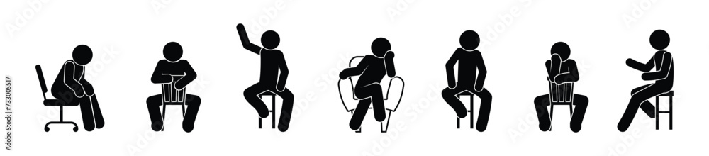 man sitting, chair icon, stick figure people resting, isolated human silhouettes