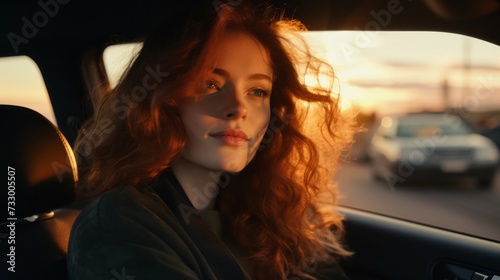 Close-up Portrait of a beautiful young redhead man driving her new car at sunset. Buying and renting a car concept. © liliyabatyrova