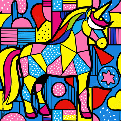 Unicorn line art origami poly fantasy colorful pop art cartoon repeat pattern