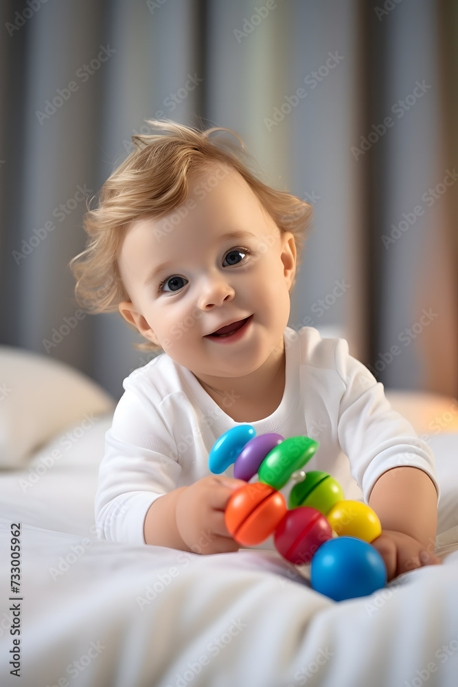 Baby playing with a colorful rattle Baby playing with a colorful rattle