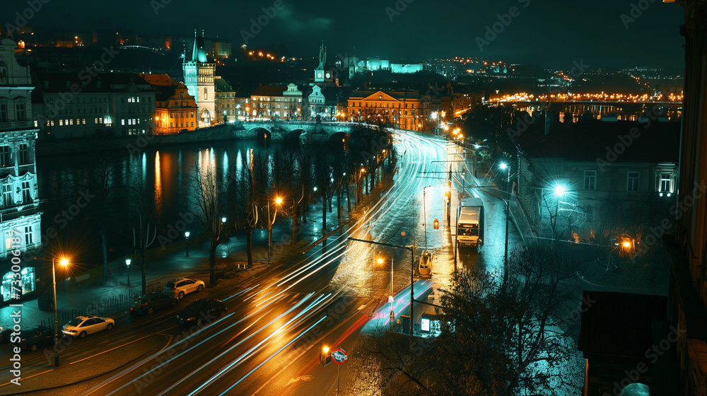 Prague's Nighttime Pulse: Electric Streaks of Tram Lights Winding Past Waterfront Architecture and the Glowing Castle on the Hill.