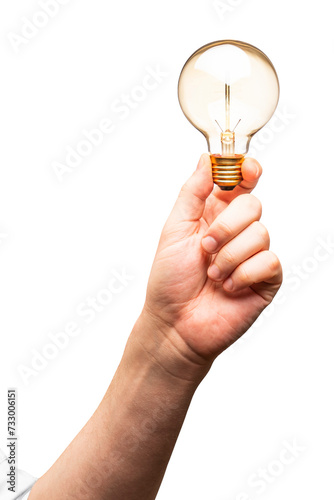 Hand gripping a light bulb on a white background, representing creativity and innovation © Who is Danny