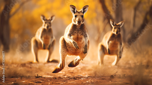Kangaroos hopping through the bush.