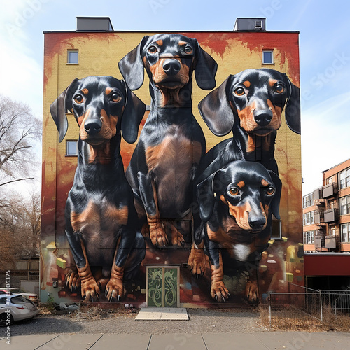 Generative AI: Dachshund Graffiti painted on the outside of a building 