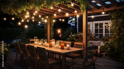 An alfresco dining space with a pergola  string lights  and a long dining table