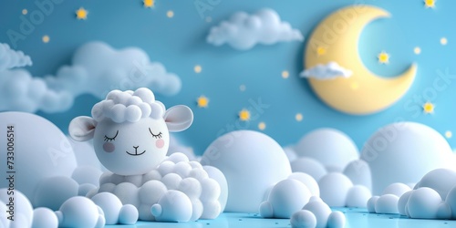 Blue Background Resembling the Night Sky with Small Bright Stars and a Cute Full Moon, Fluffy Clouds on the Floor with Little Cute Sheep - Ramadan Kareem Eid Mubarak Concept