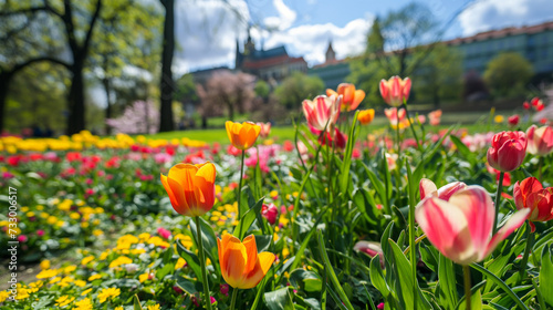 Vibrant Spring Awakening  Colorful Tulips and Wildflowers Blooming in a Public Park with Prague s Historic Architecture in Soft Focus Background.