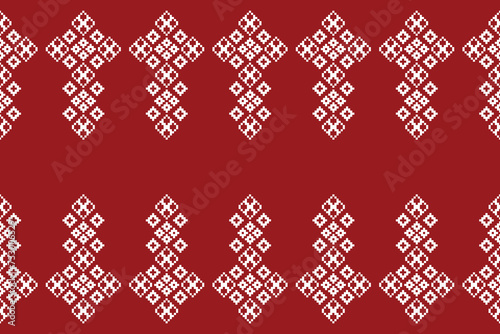 Traditional ethnic motifs ikat geometric fabric pattern cross stitch.Ikat embroidery Ethnic oriental Pixel red background. Abstract,vector,illustration. Texture,christmas,decoration,wallpaper.