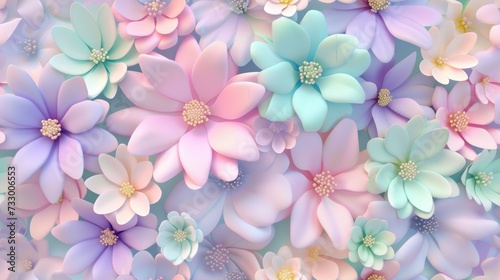 Seamless 3D Pattern with Pastel Flowers in Light Green  Pink  Lemon  and Blue Colors