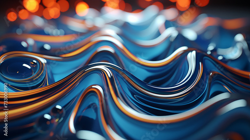 Blue and yellow abstract waves texture with metallic gold swirls and digital water flow illustration , 3d render, abstract background with blue and orange wavy lines
