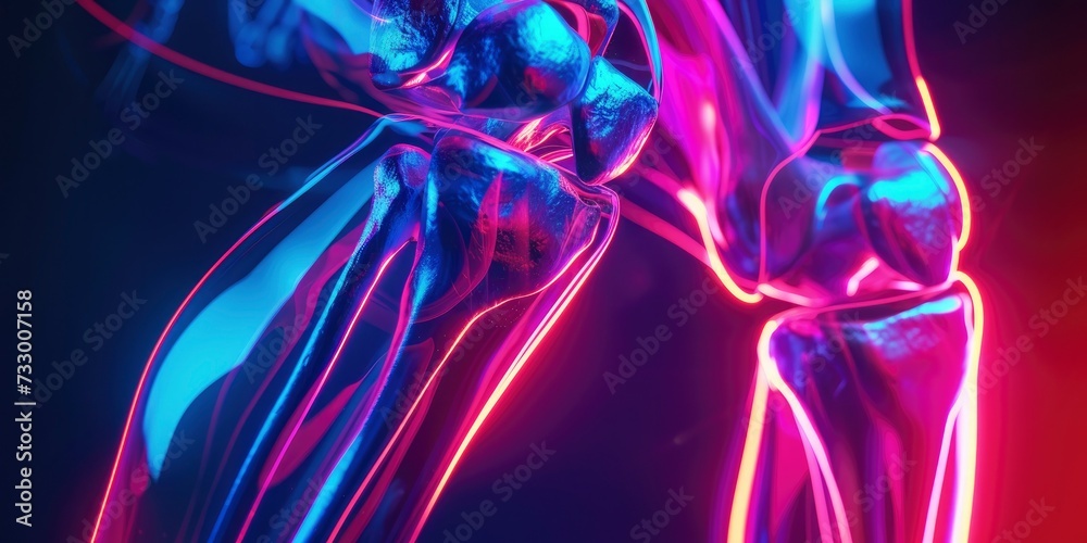 Radiographic Knee with Osteoarthritis, Panoramic Composition with Technology Colors and Neon Lighting, Glasses with Arm Joint for Lenses. Radiographic Knee with Osteoarthritis, Panoramic Composition with Technology Colors and Neon Lighting, Glasses with Arm Joint for Lenses.