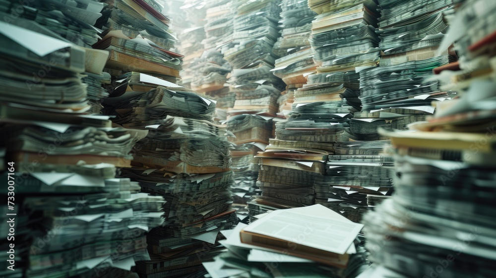 Fototapeta premium Stacks of papers piled high, forming towering mounds of documents.