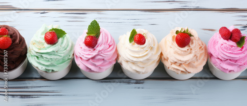 Set of ice cream in bowls. Horizontal banner