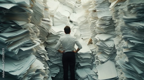 Stacks of papers piled high  forming towering mounds of documents.