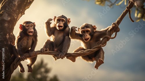 Monkeys swinging from tree to tree. photo