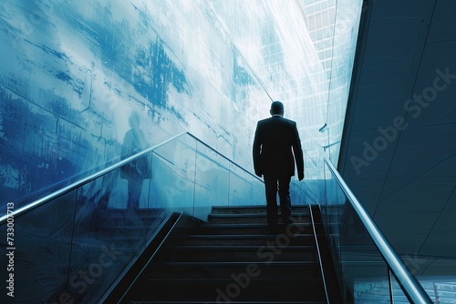 A businessman briskly ascends the stairs, representing the notion of advancing up the career ladder. photo