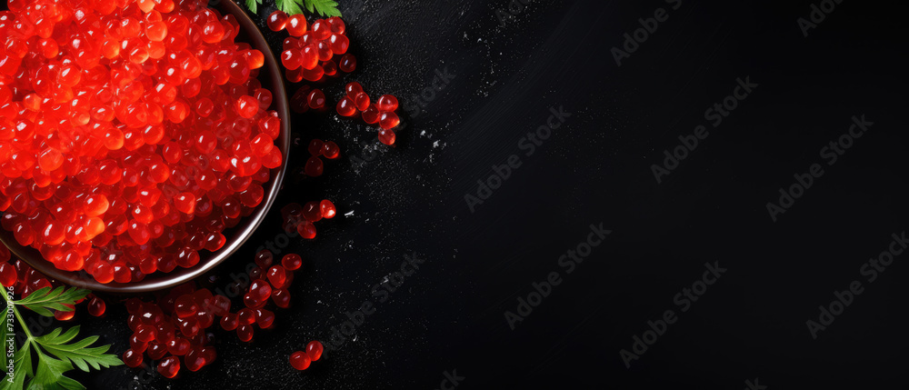 red caviar in a bowl on a dark background. Horizontal banner. Copy space for text - obrazy, fototapety, plakaty 
