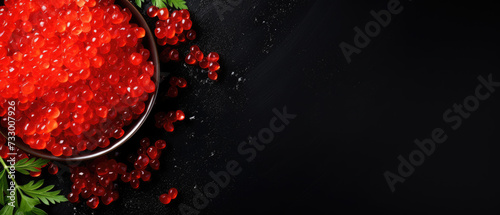 red caviar in a bowl on a dark background. Horizontal banner. Copy space for text photo