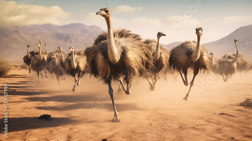 Ostriches running across the desert.