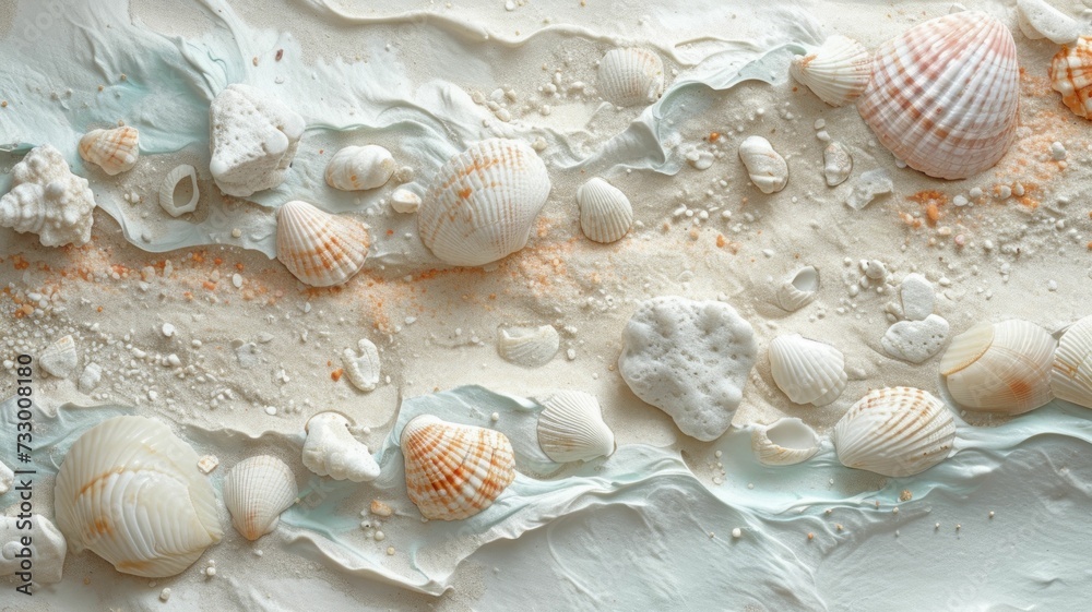 sandy, beach texture with sorbet spring colors scattered as shells and stones