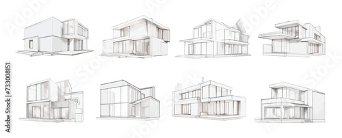 Architecture House Sketch Illustration. Modern 3d House Building Sketch Architectural. Minimalist Style, Vector Illustration