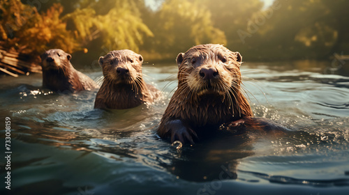 Otters swimming in a river. © Muhammad