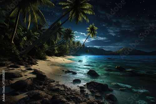 Night tropical beach with palm trees