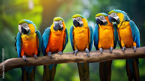 Parrots perched on a tree branch.