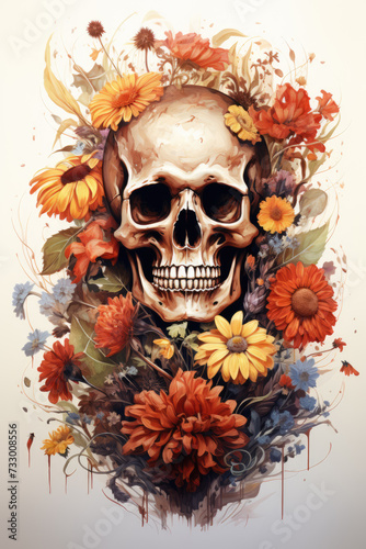 Bright colorful skull in flowers in watercolor style