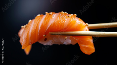 Salmon Nigiri Sushi Gracefully Held Aloft by Chopsticks