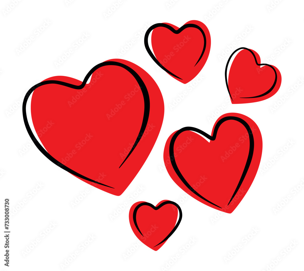 Red hearts with black contour isolated on white
