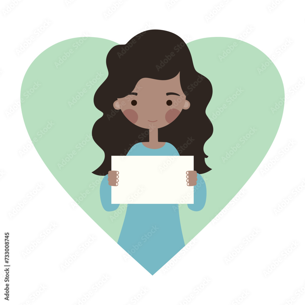 Cute black girl with a paper in hands and heart on a background flat illustration Cute black girl with a paper in hands and heart on a background flat illustration