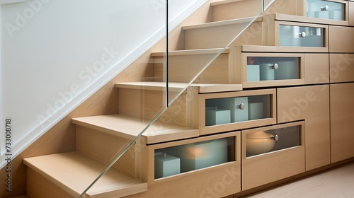 Frosted glass-paneled storage drawers beneath staircase steps