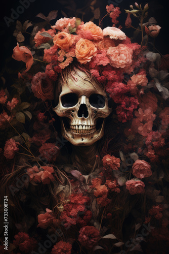 Skull in flowers in watercolor style