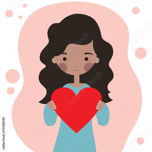Cute black girl with a red heart flat illustration