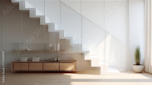 Frosted acrylic panel hidden storage shelves beneath staircase
