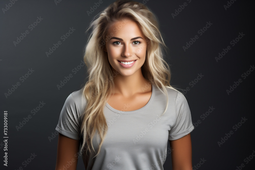 Mujer rubia en forma sonriente en un estante de fitness sobre un fondo gris Mujer rubia en forma sonriente en un estante de fitness sobre un fondo gris