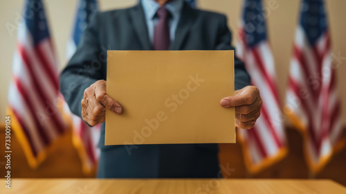A man holds a blank sheet of paper against a background of flags. Election concept.