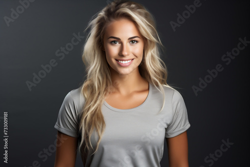 Mujer rubia en forma sonriente en un estante de fitness sobre un fondo gris