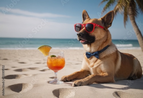 White dog wearing sunglasses relaxes on the beach next to a tropical drink