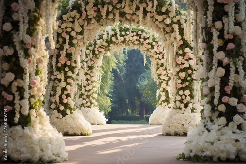 A romantic place - a blossoming park and an arch exquisitely decorated with flowers, a carpet strewn with white rose petals