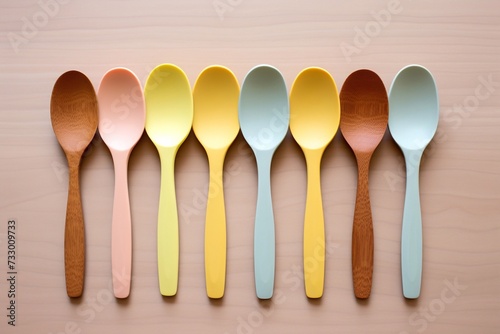  A set of colored silicone forks and spoons with a wooden handle. Baby feeding and nutrition concept. Top view, flat lay. © Ирина Курмаева
