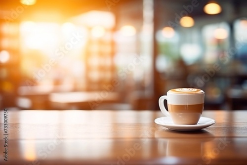 Beautiful and stylish abstract blur cafe and restaurant for background where a cup of latte stands on the side on a table with space for text